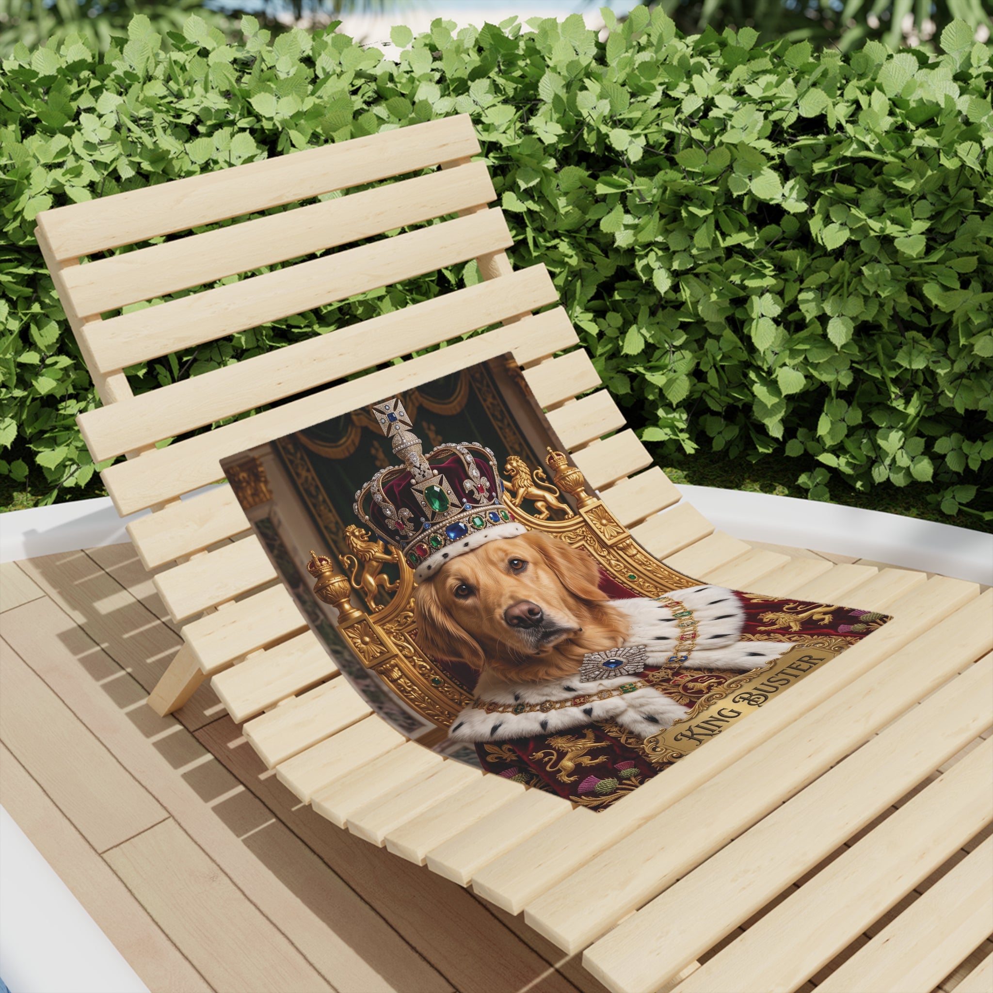 Personalozed King Buster Royal Dog Beach Towel | Golden Retriever Throne Design
