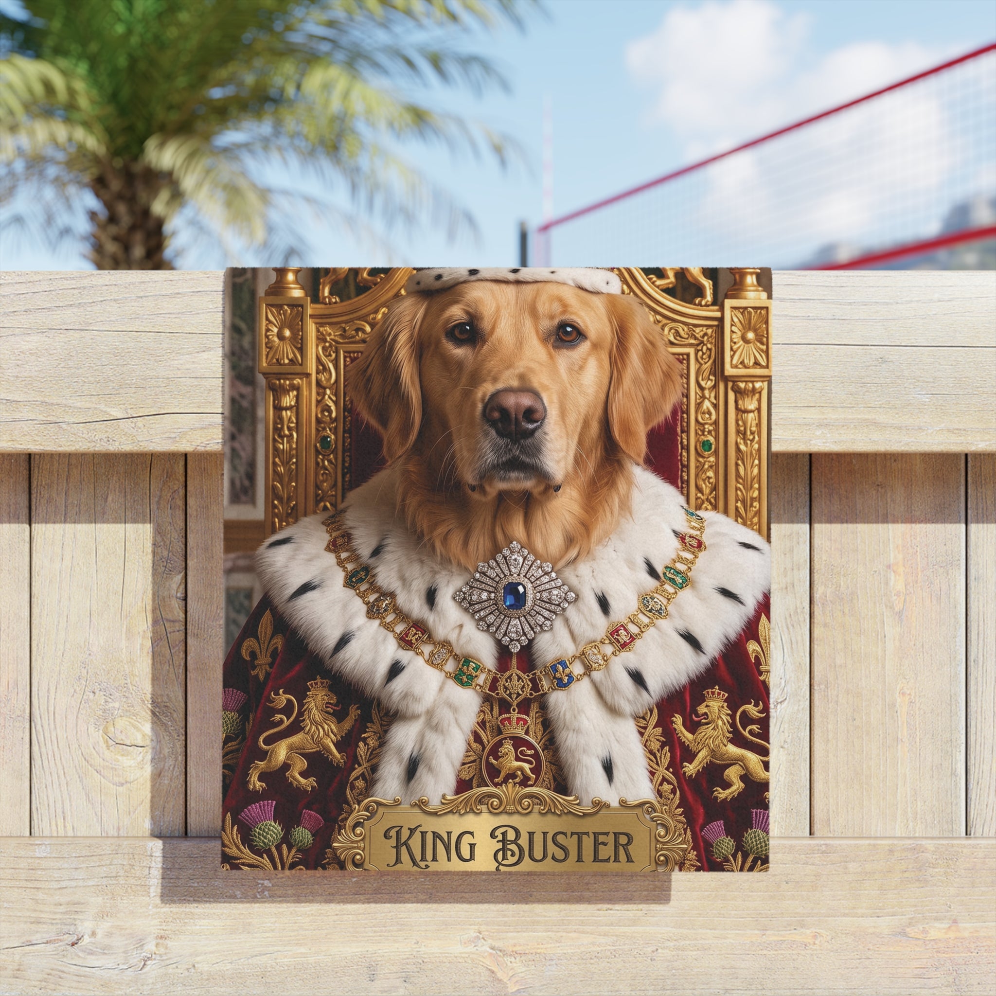Personalozed King Buster Royal Dog Beach Towel | Golden Retriever Throne Design