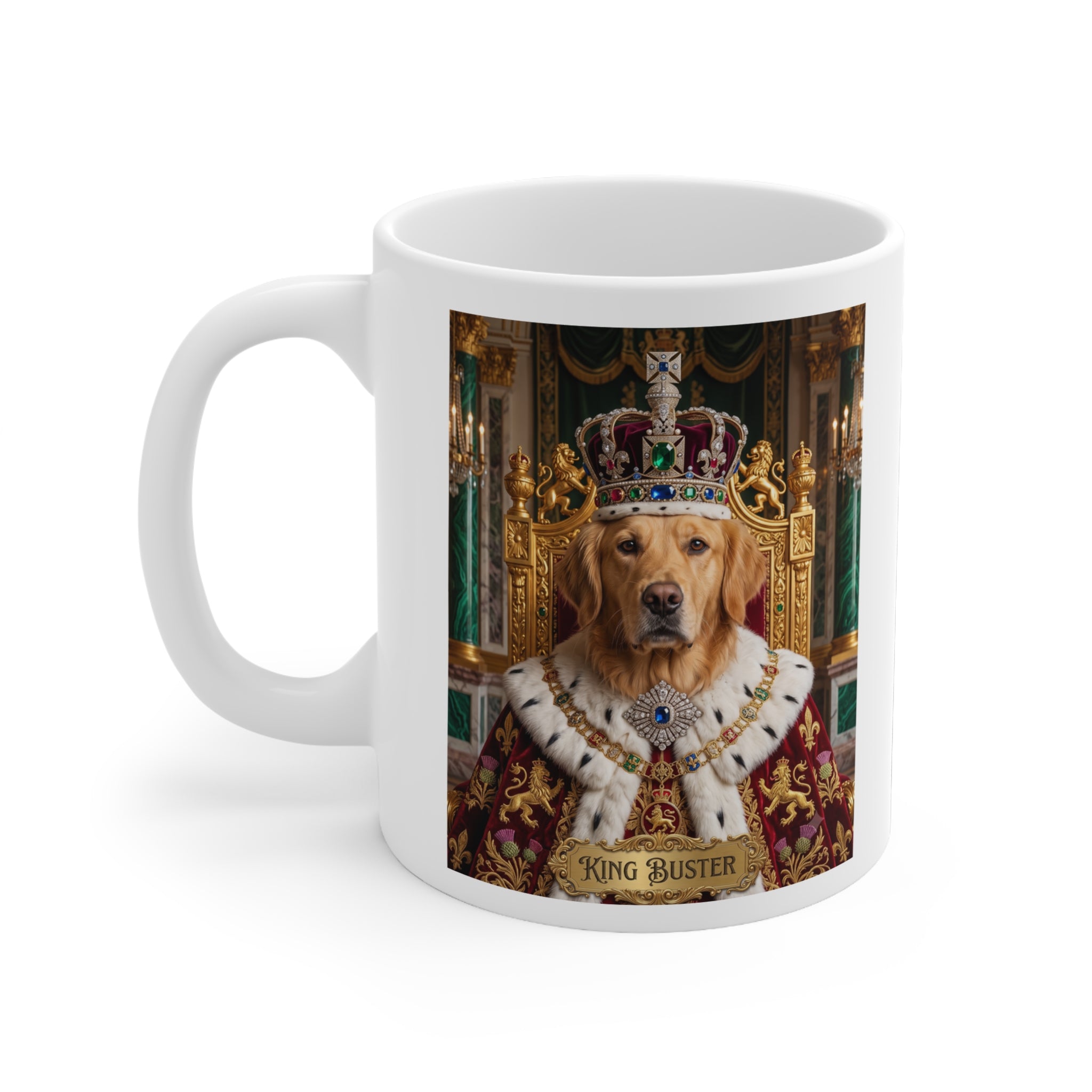 Custom Dog Portrait Coffee Mug | 'King Buster' Regal Pet Portrait, Funny Dog Lover Coffee Cup