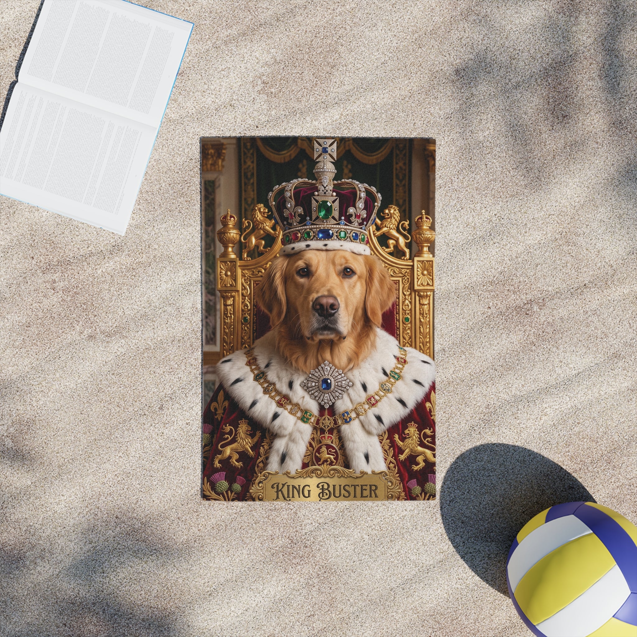 Personalozed King Buster Royal Dog Beach Towel | Golden Retriever Throne Design
